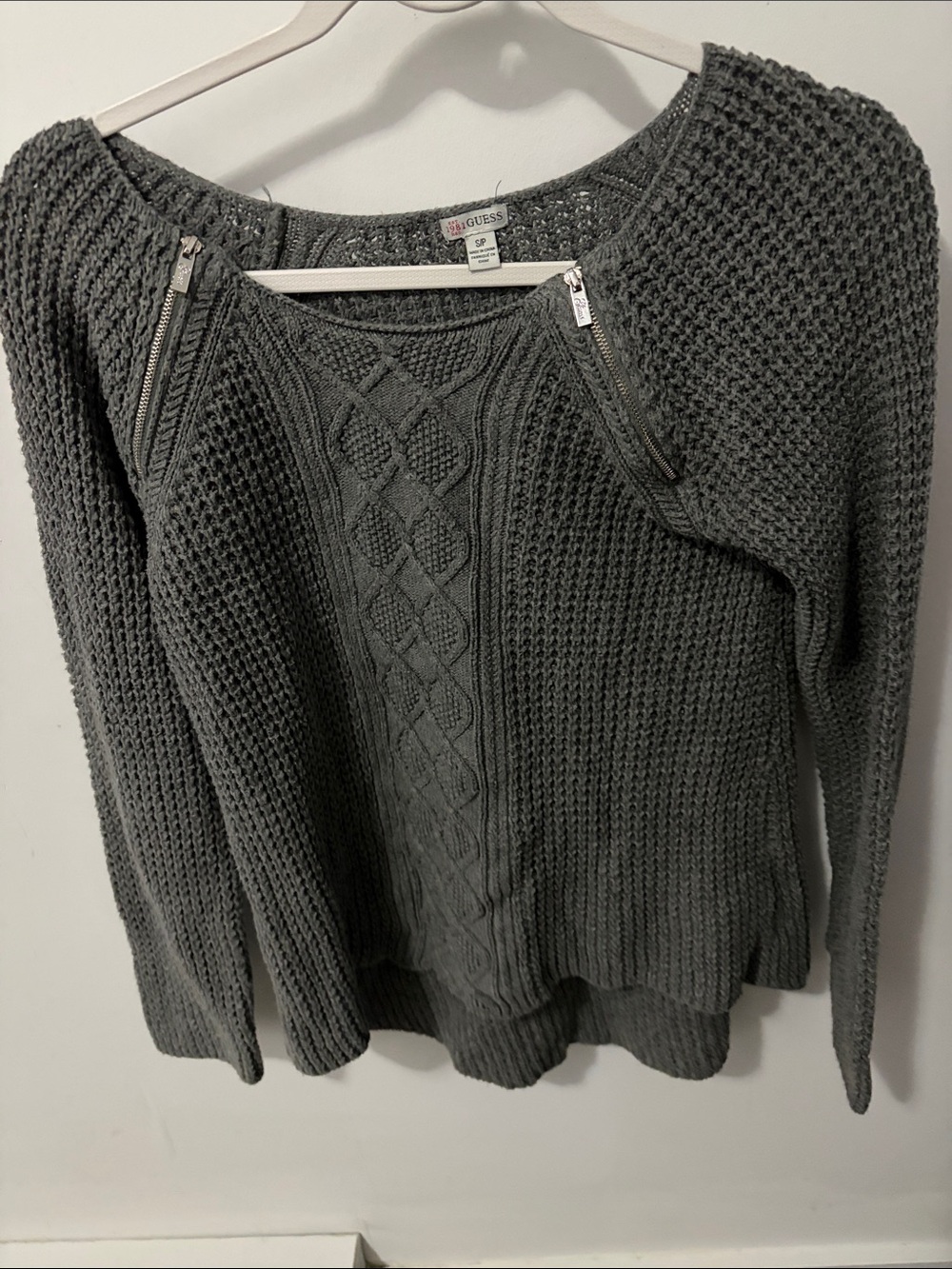 Guess Gray Cable-Knit Sweater with Zip Accents